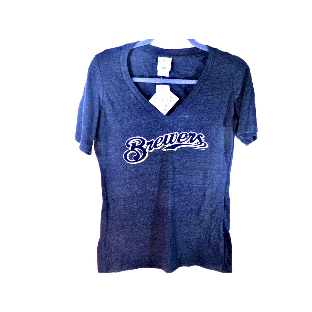 MLB Brewers Womens T SHIRT Large Milwaukee Baseball Navy Short Sleeve New Logo